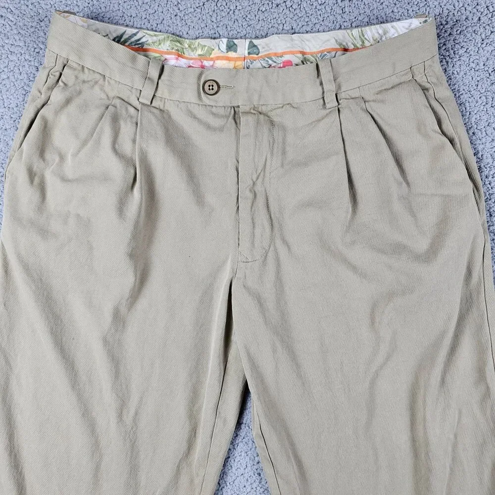 Tommy Bahama Pants Mens 35x30 Beige Silk Cotton Pleated Chino Trousers